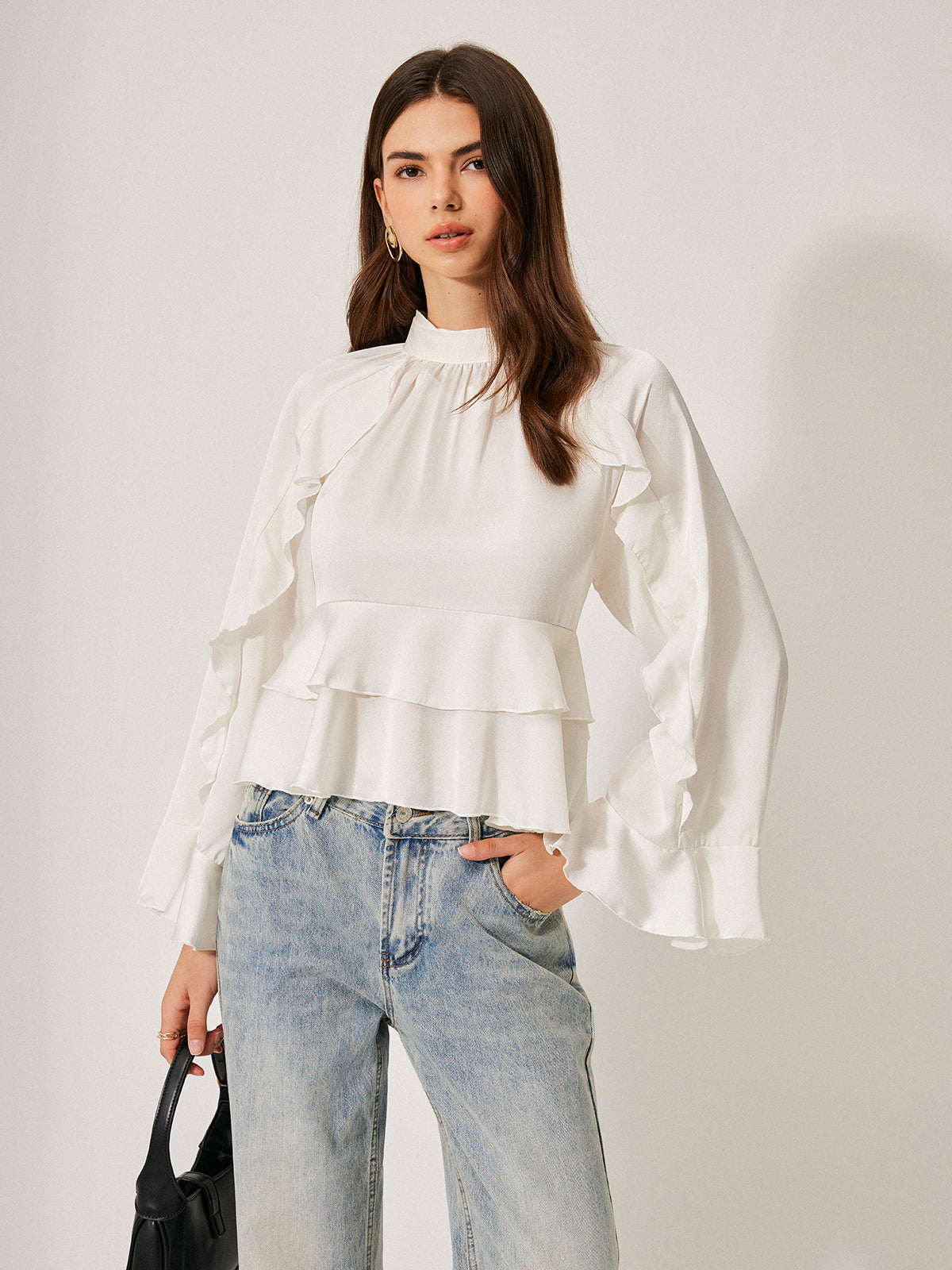 Stand Collar Ruffle Peplum Blouse — Svelte Chic