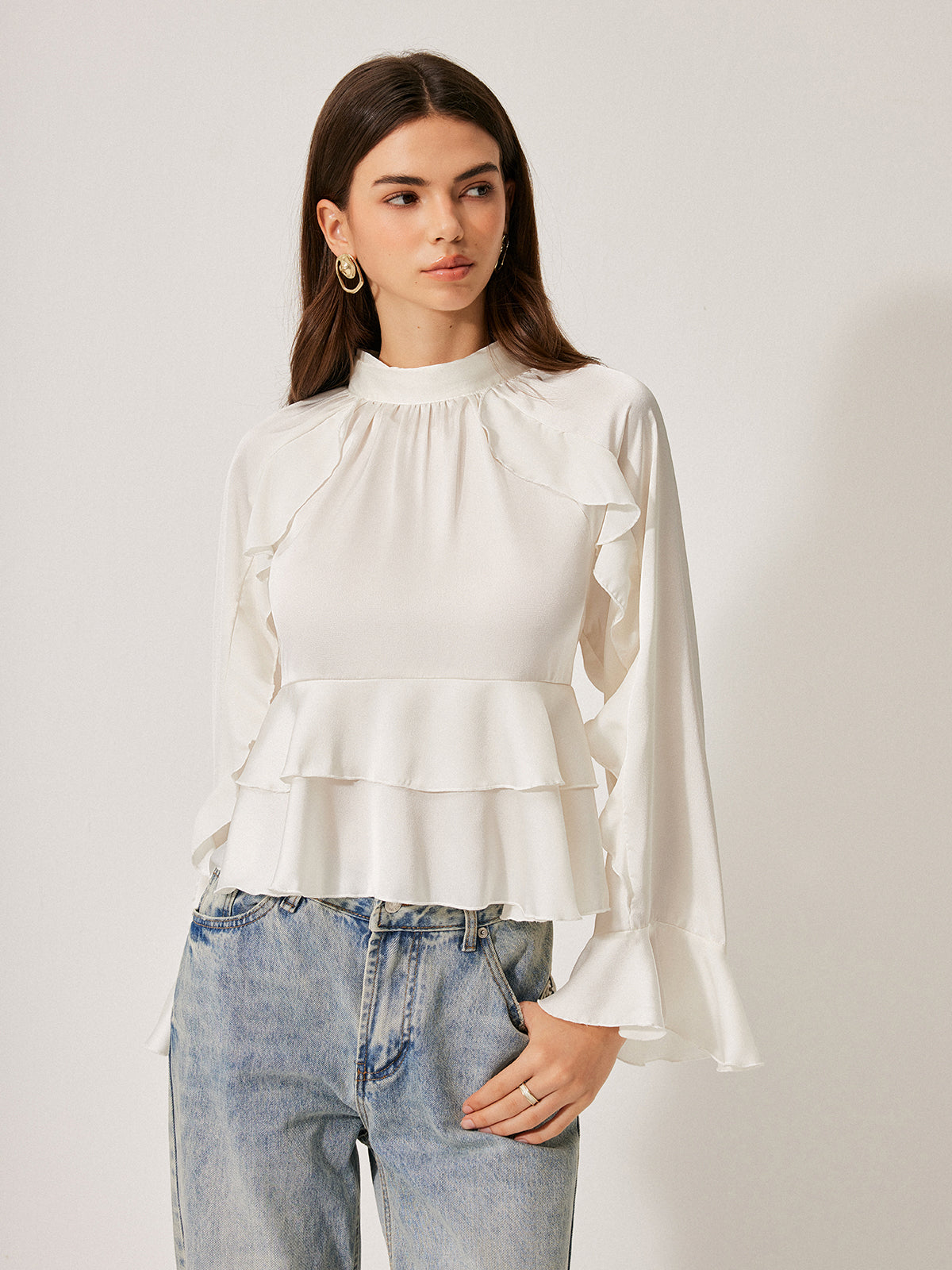 Stand Collar Ruffle Peplum Blouse — Svelte Chic