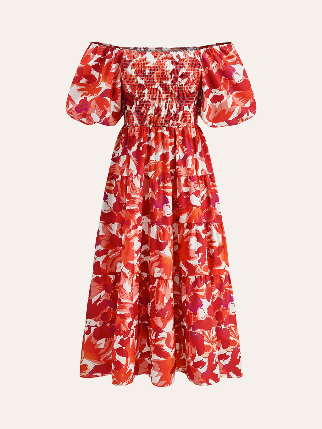 Off Shoulder Smocked Floral Maxi Dress in Red — Svelte Chic