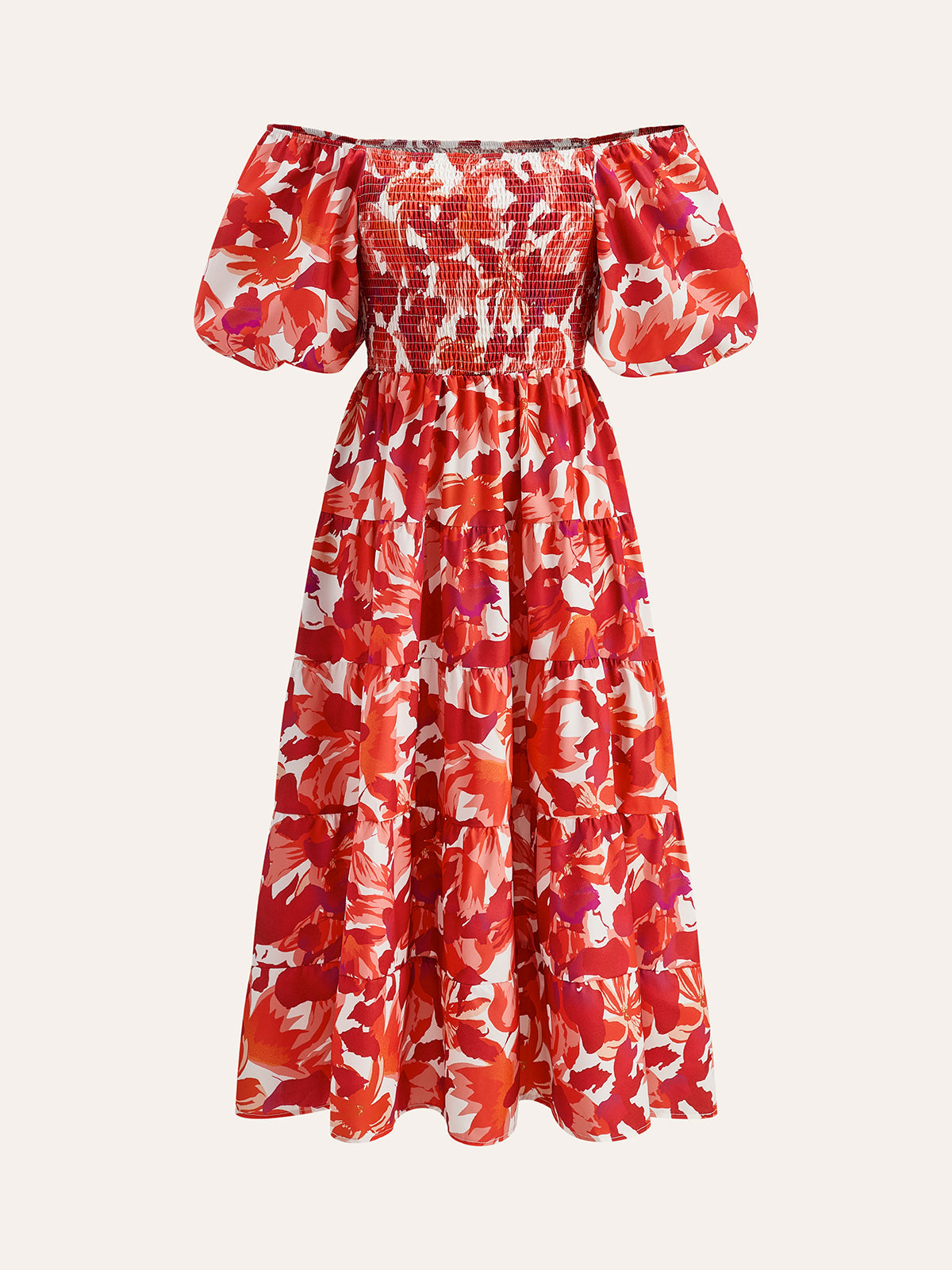 Off Shoulder Smocked Floral Maxi Dress in Red — Svelte Chic