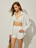 Three Piece Ruffle Bikini and Shorts Set in White — Svelte Chic
