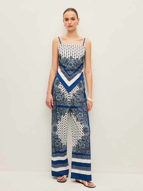 Back Tie Printed Satin Trouser Set in Blue — Svelte Chic