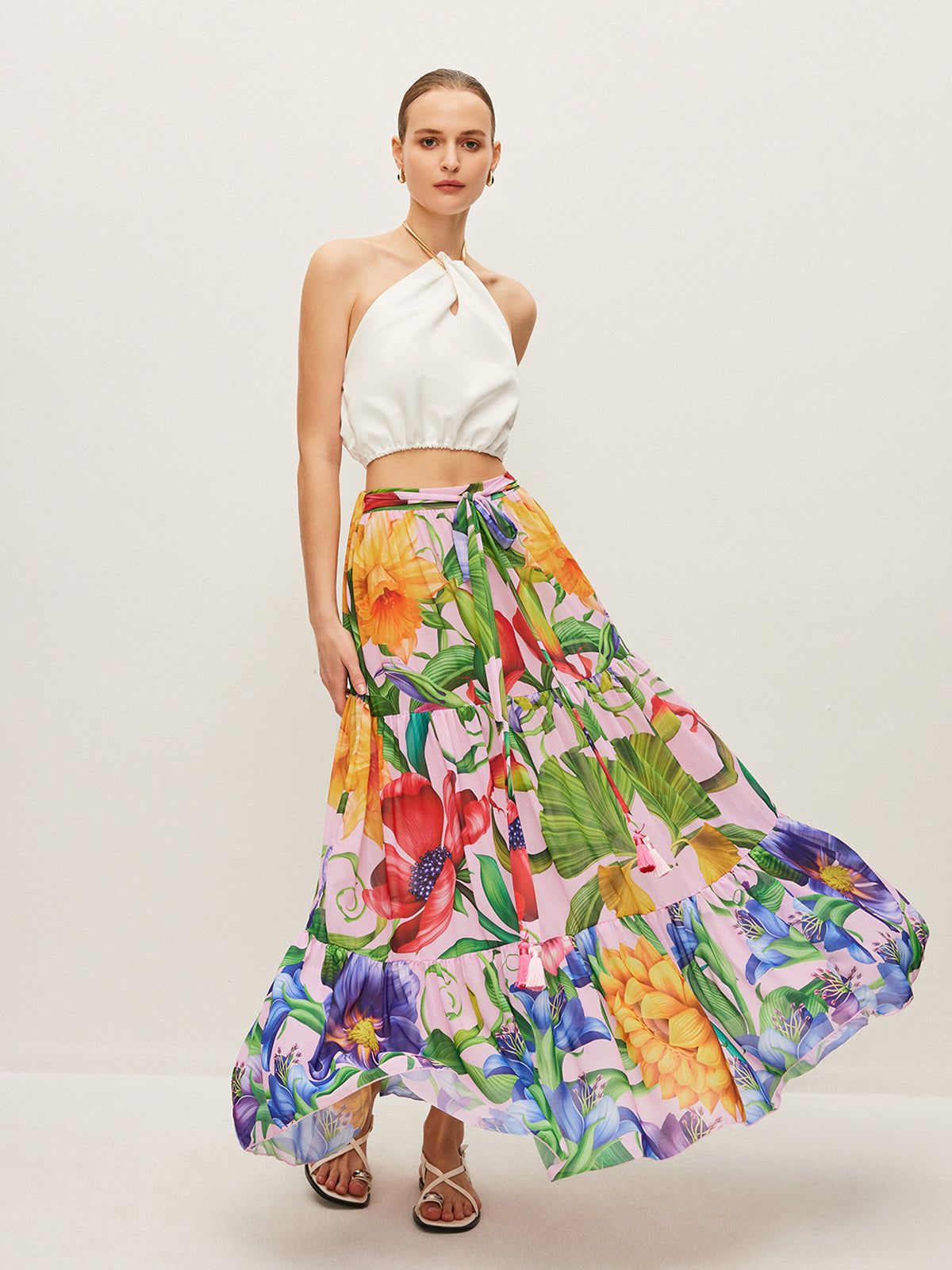 Floral Chiffon Belted Maxi Skirt — Svelte Chic