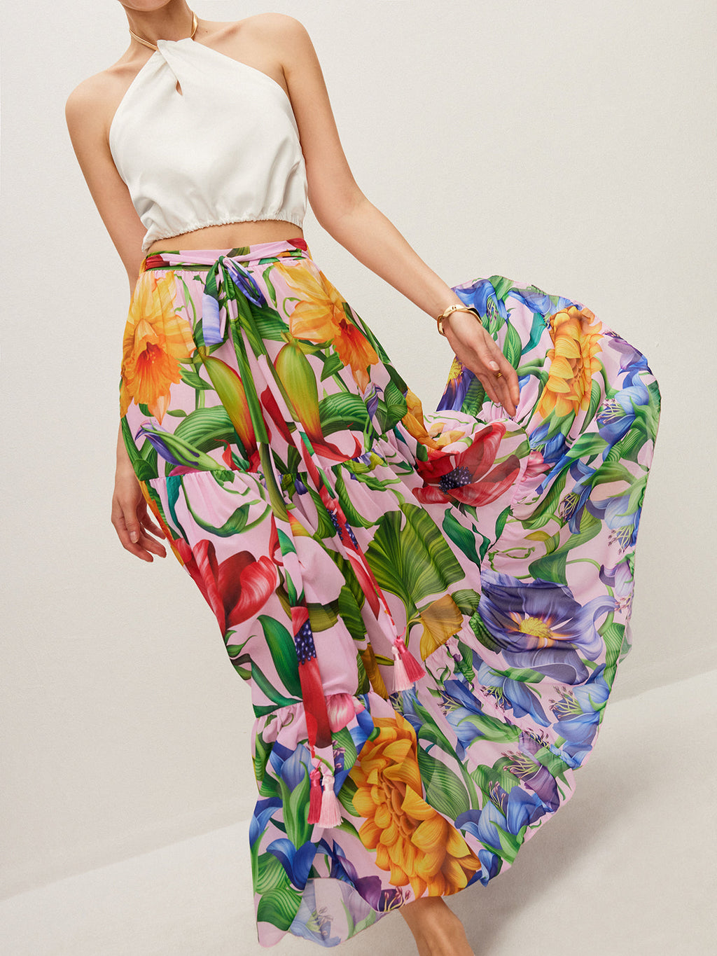 Floral Chiffon Belted Maxi Skirt in Multicolor — Svelte Chic