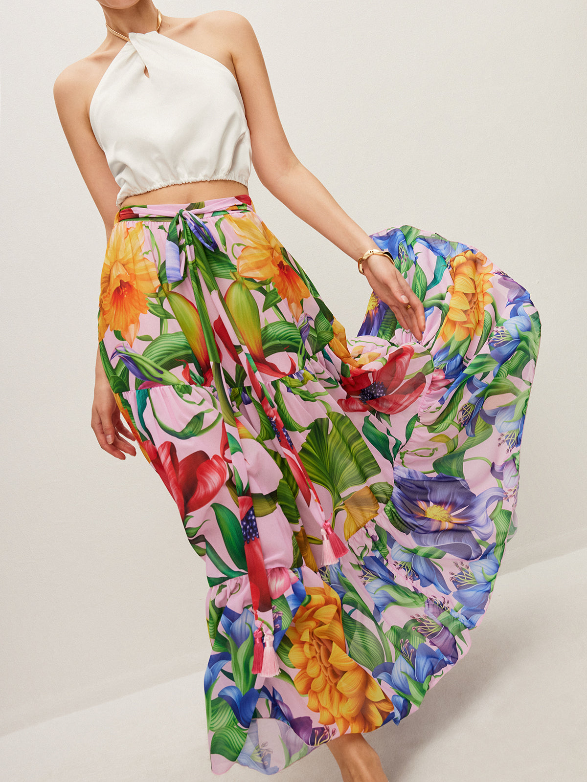 Floral Chiffon Belted Maxi Skirt in Multicolor — Svelte Chic