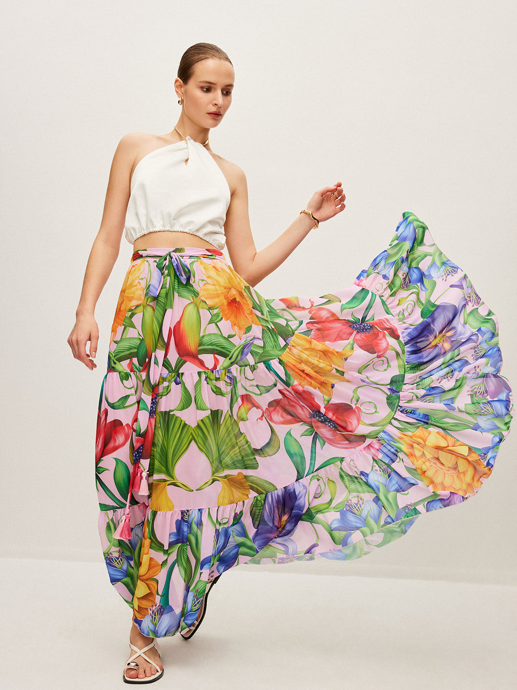 Floral Chiffon Belted Maxi Skirt — Svelte Chic