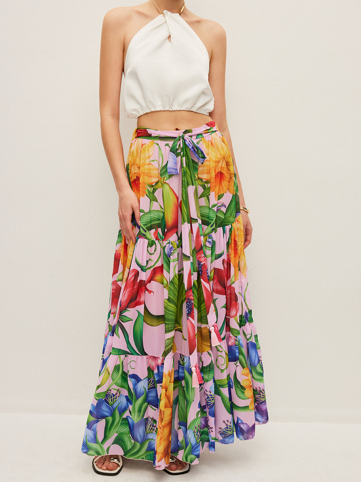 Floral Chiffon Belted Maxi Skirt — Svelte Chic