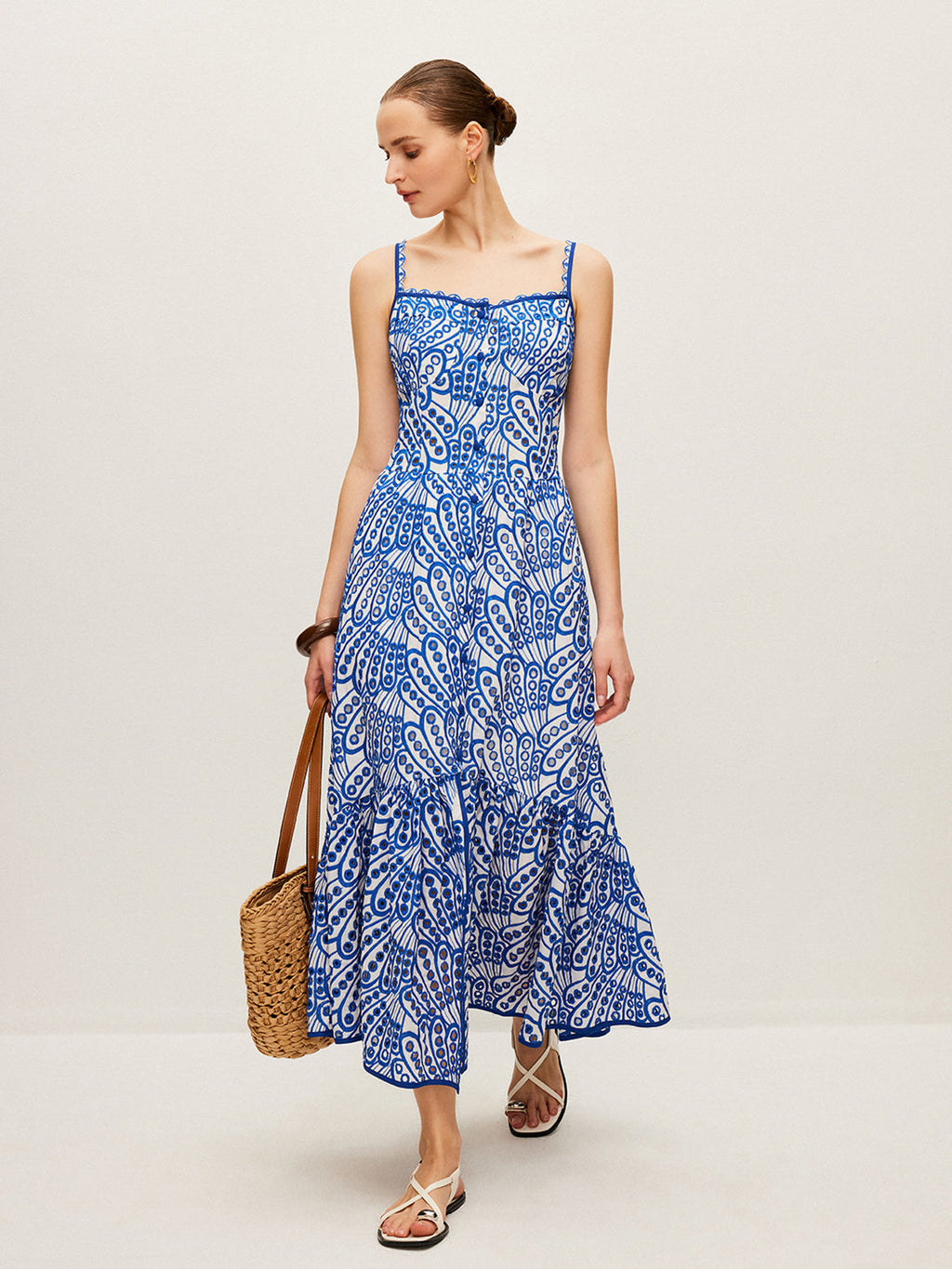 Embroidered Cotton Cami Maxi Dress in Blue — Svelte Chic