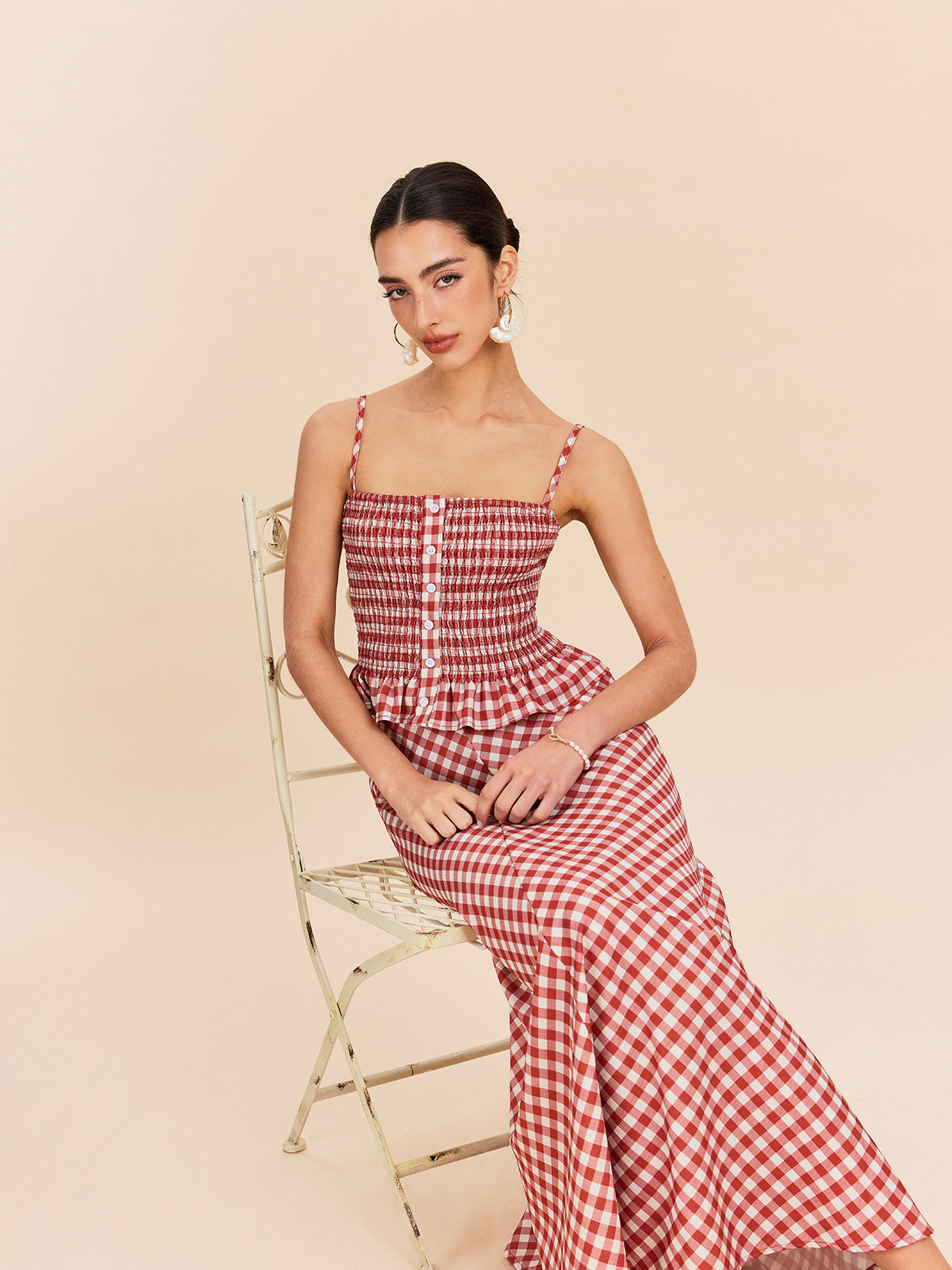 Gingham Smocked Peplum Top in Red — Svelte Chic