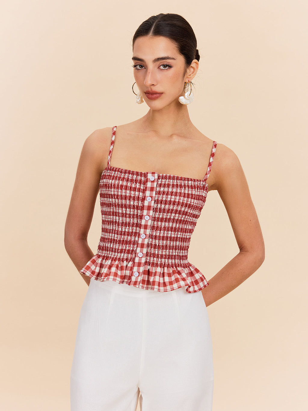 Gingham Smocked Peplum Top — Svelte Chic