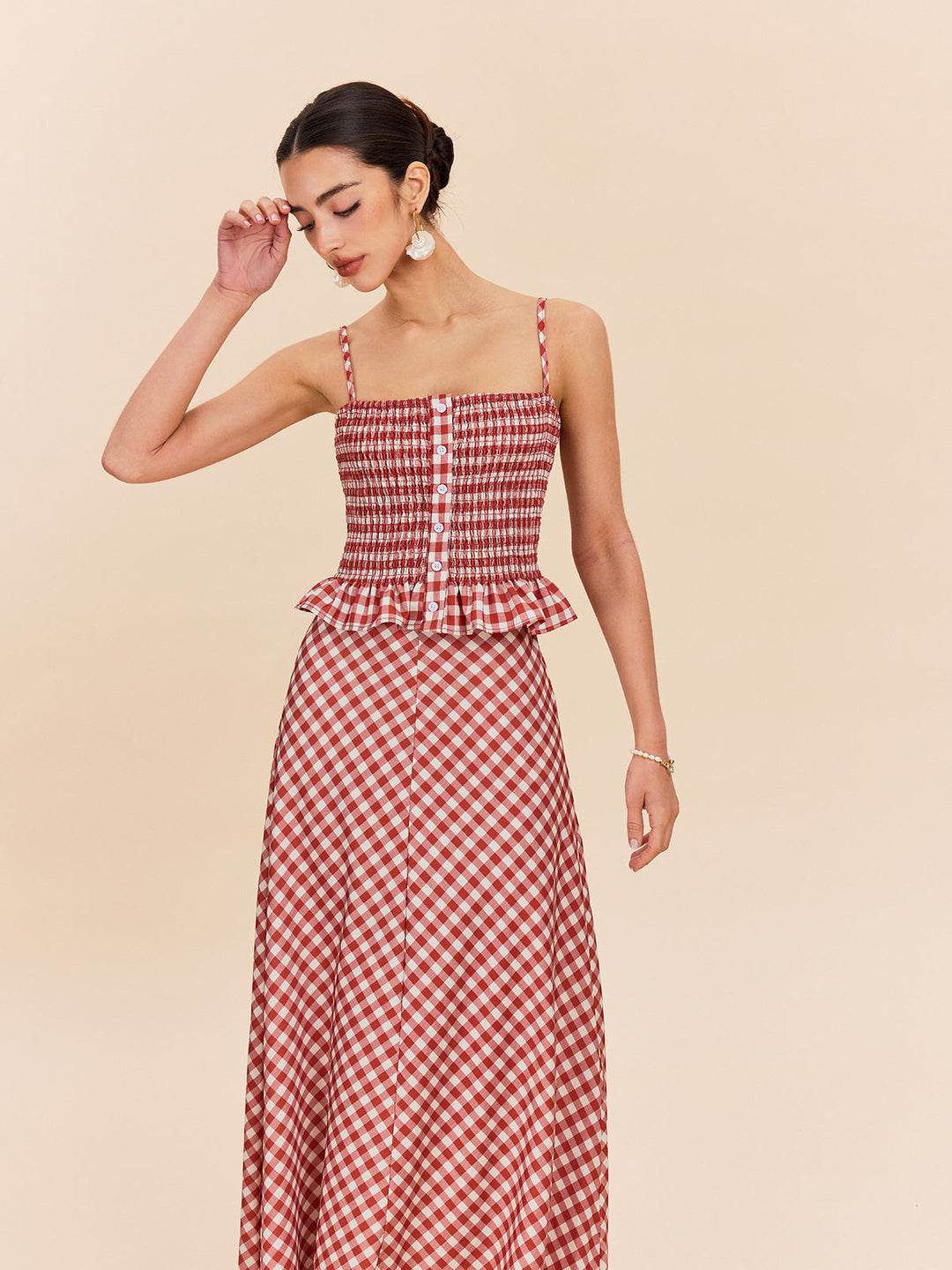 Şık Gingham Büzgülü Peplum Askılı Bluz