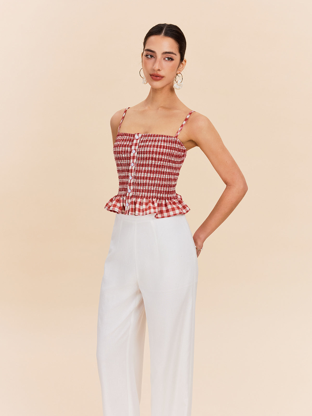 Gingham Smocked Peplum Top — Svelte Chic