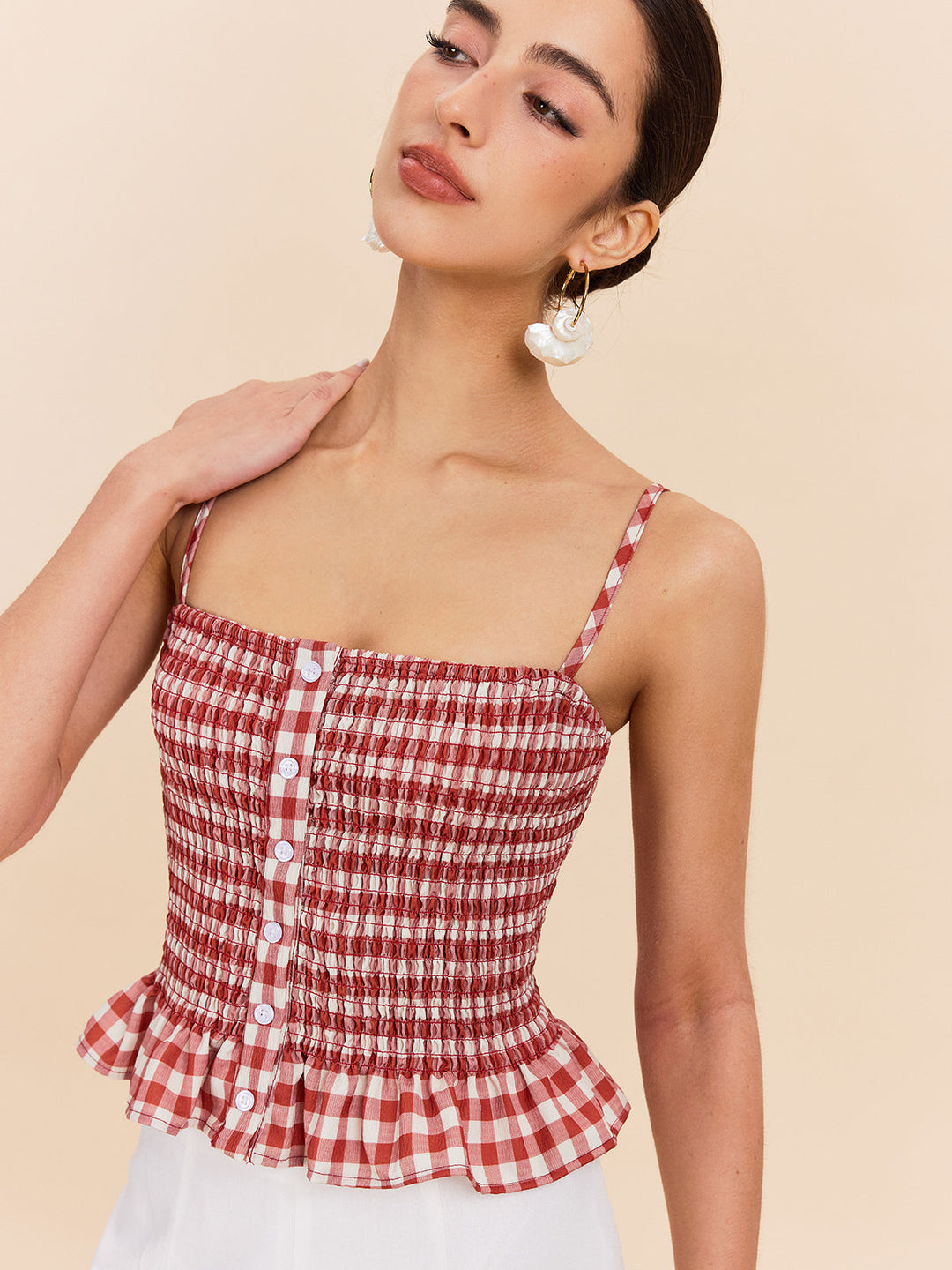 Şık Gingham Büzgülü Peplum Askılı Bluz