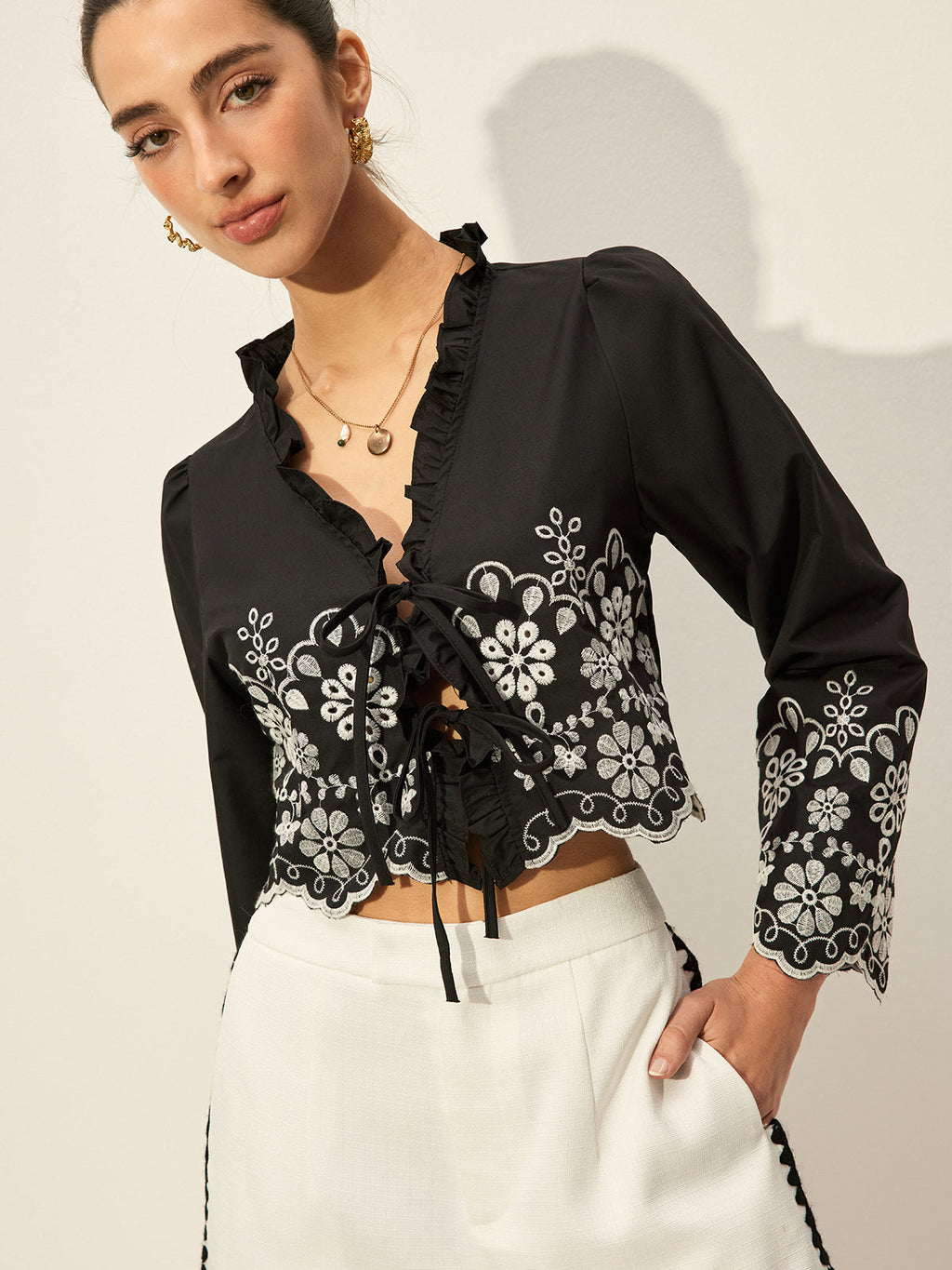 Embroidered Tie Front Blouse — Svelte Chic