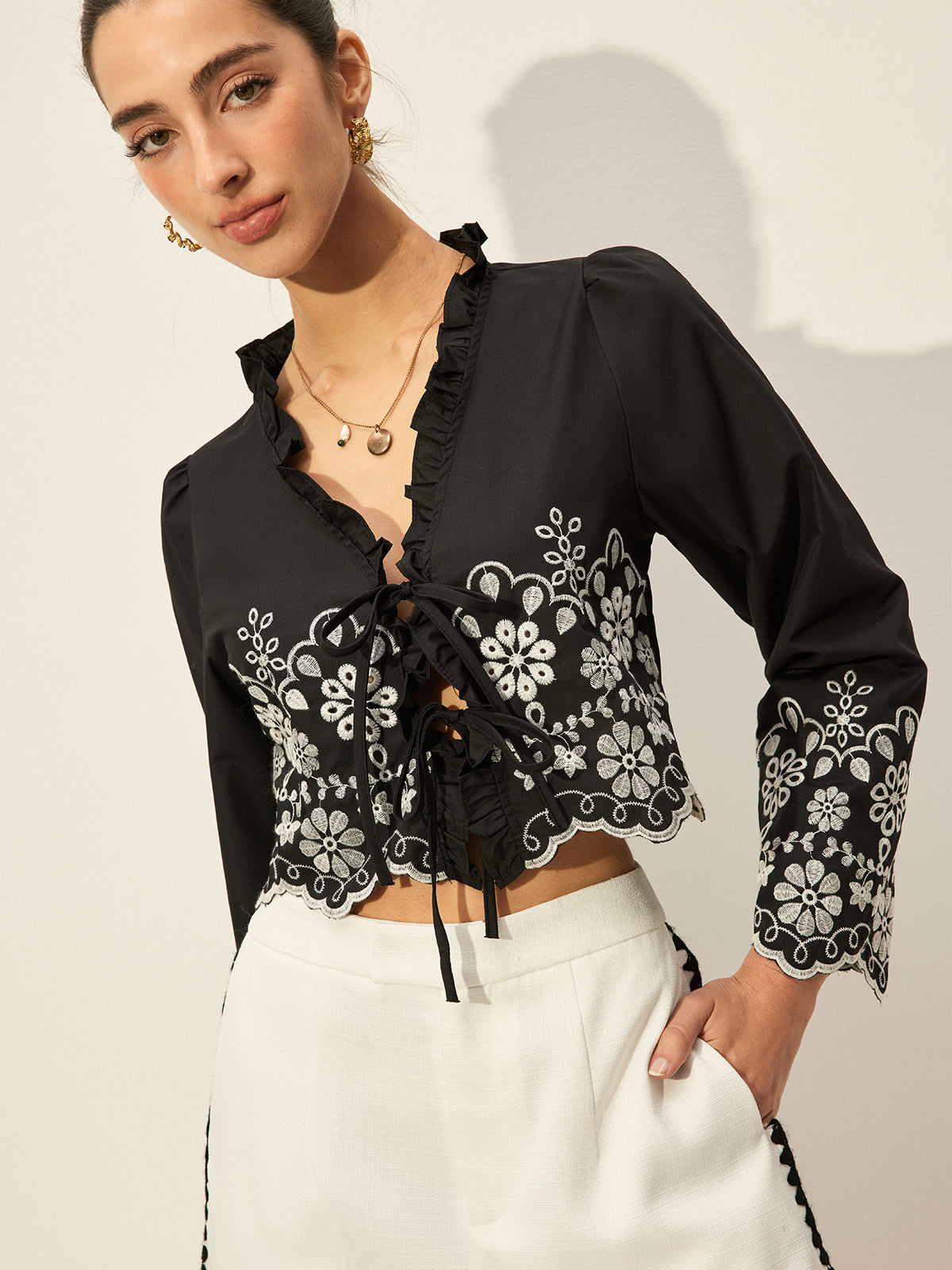 Embroidered Tie Front Blouse — Svelte Chic