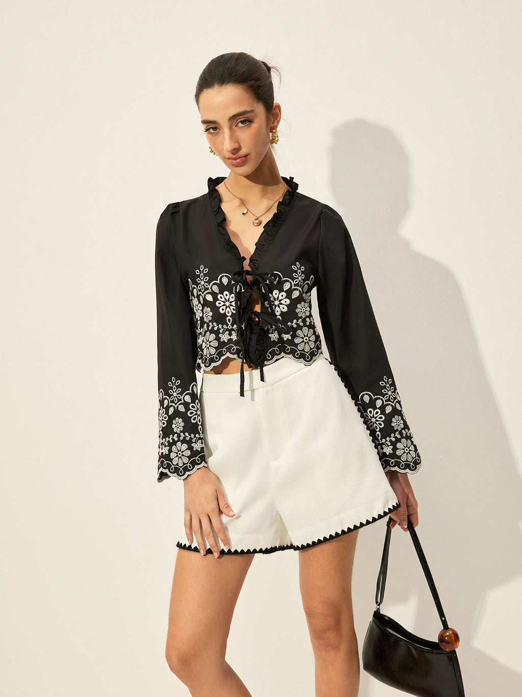 Embroidered Tie Front Blouse in Black — Svelte Chic