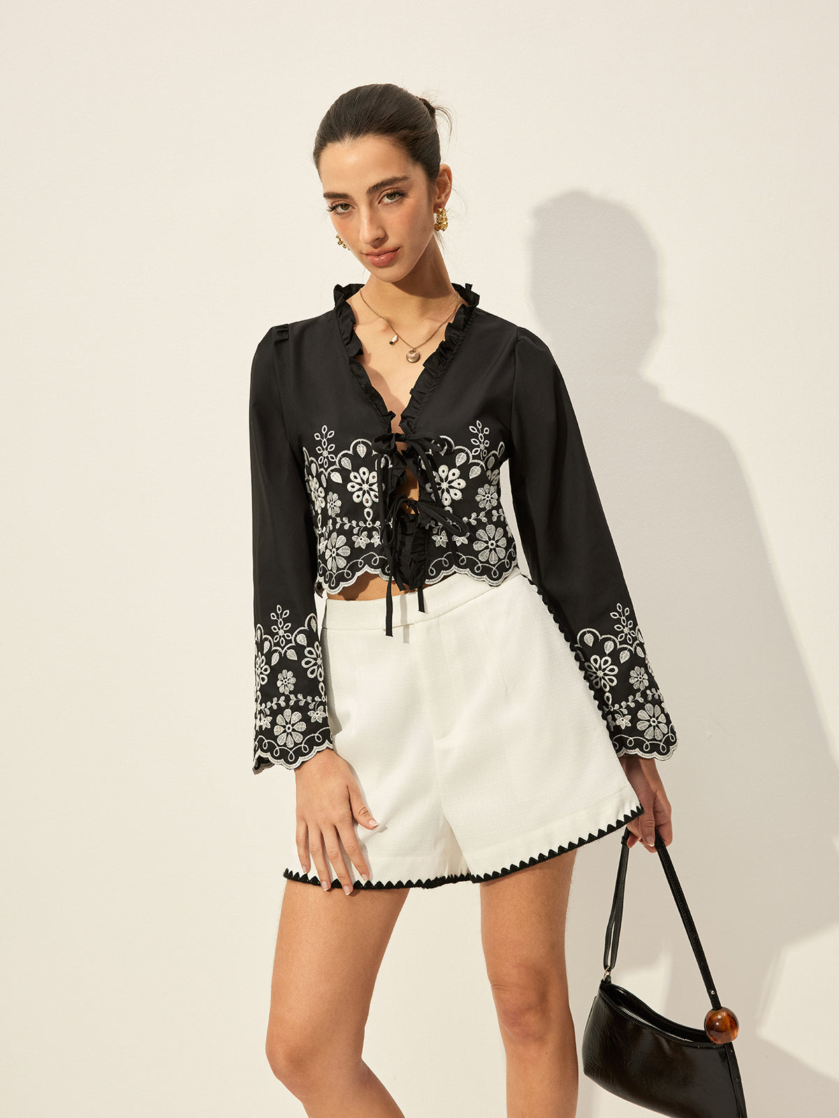 Embroidered Tie Front Blouse in Black — Svelte Chic