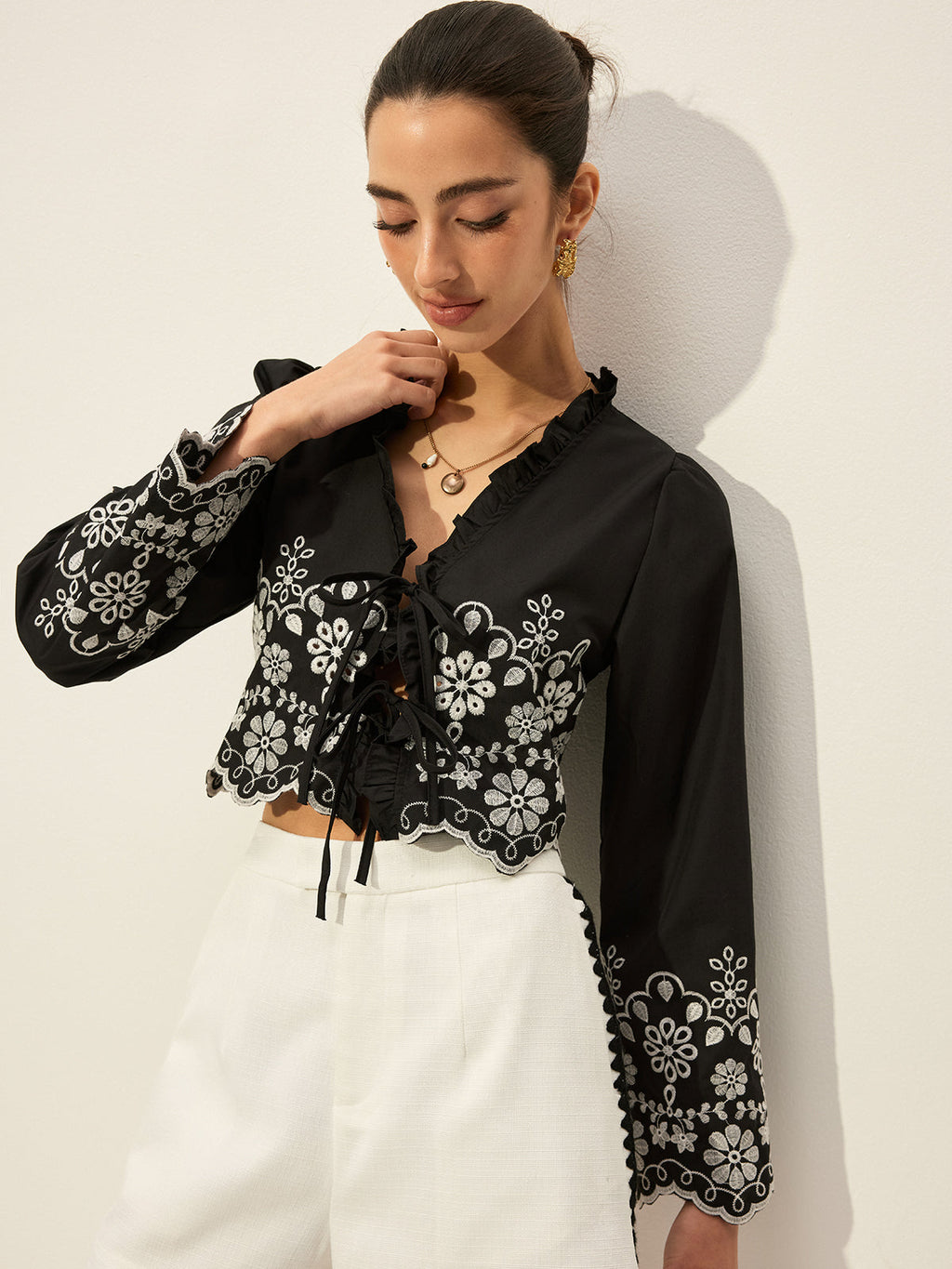 Embroidered Tie Front Blouse — Svelte Chic