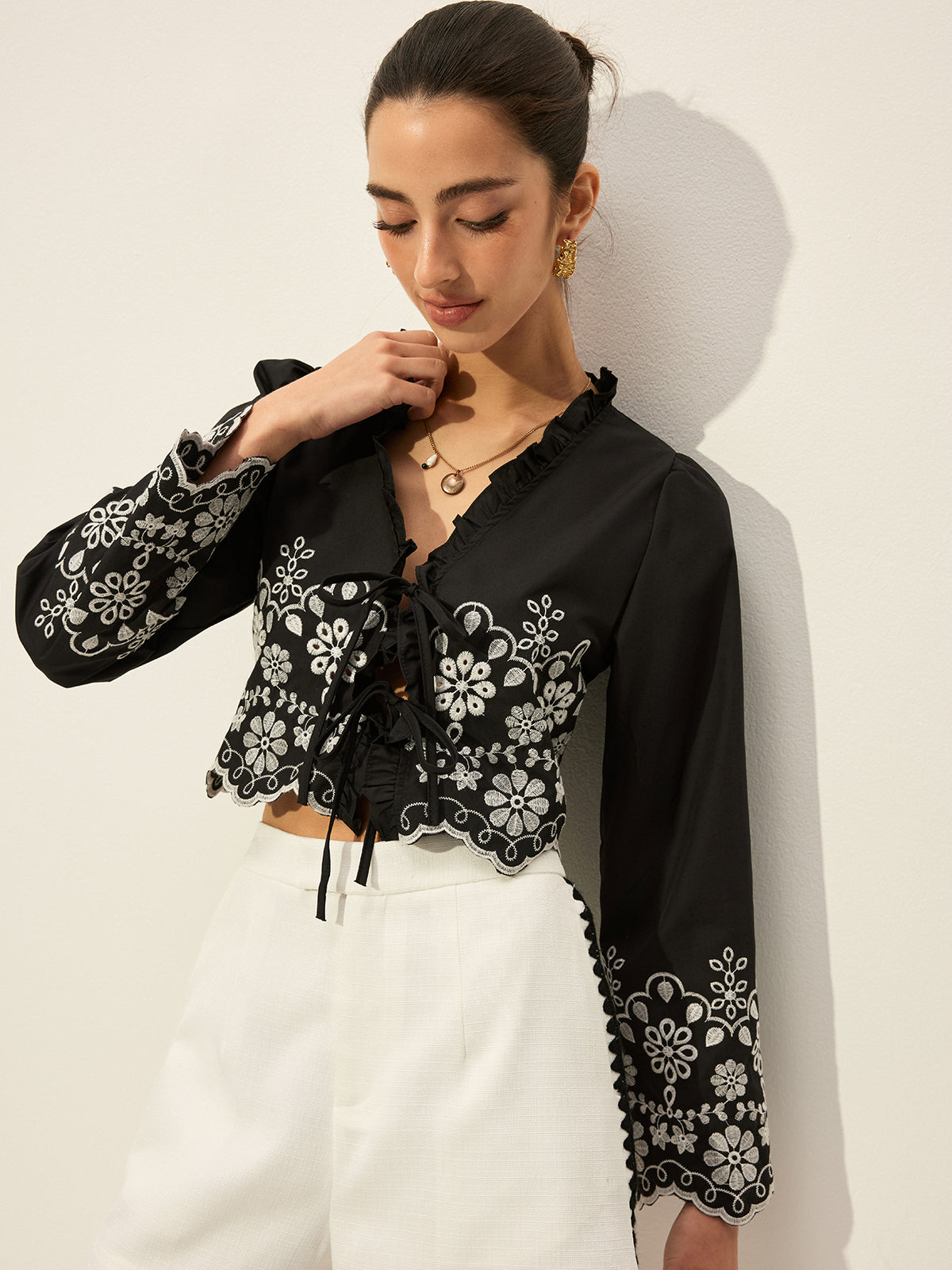 Embroidered Tie Front Blouse — Svelte Chic