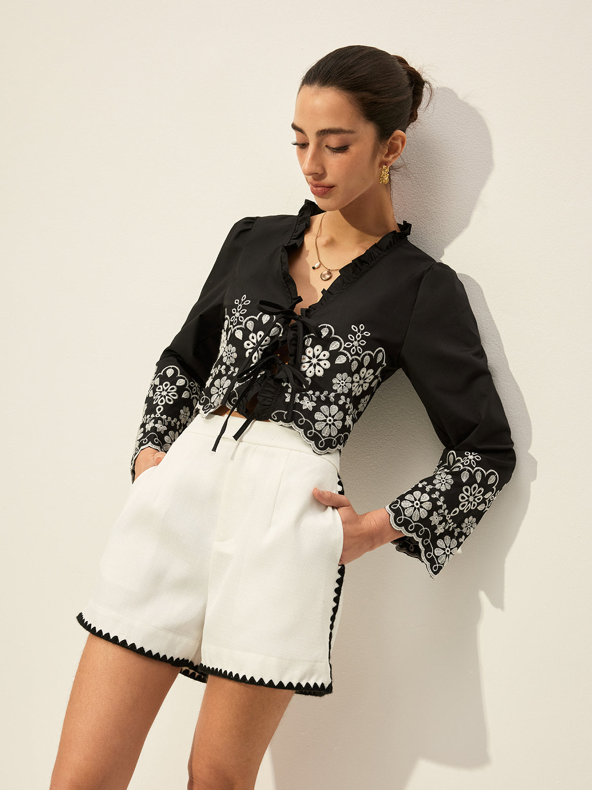 Embroidered Tie Front Blouse — Svelte Chic