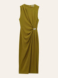 Metal Detail Shirred Waist Midi Dress in Olive — Svelte Chic