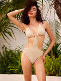 Beaded Chain Cutout Swimsuit in Beige — Svelte Chic