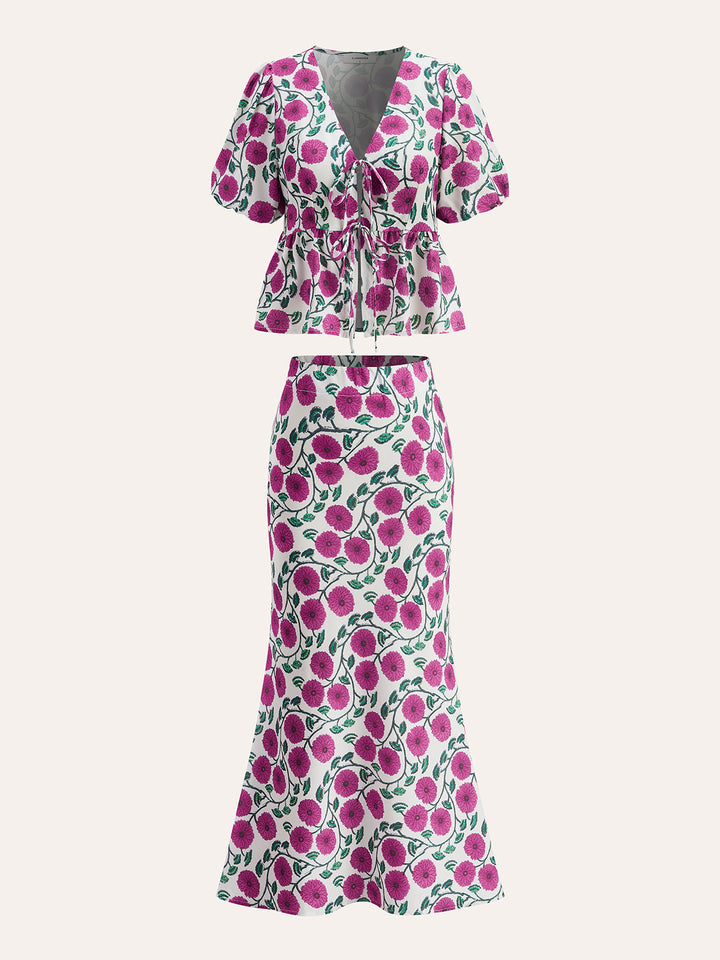 Şık Boho V-Yaka Şişme Kol Etek Takımı, Ayarlı Çekme İpi ile