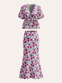 Şık Boho V-Yaka Şişme Kol Etek Takımı, Ayarlı Çekme İpi ile