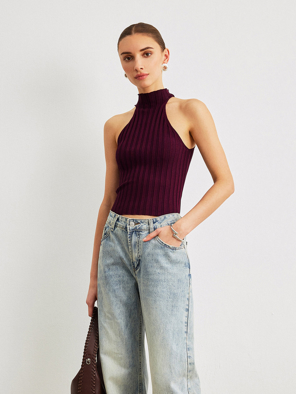 Cold Shoulder High Neck Knit Top in Burgundy — Svelte Chic