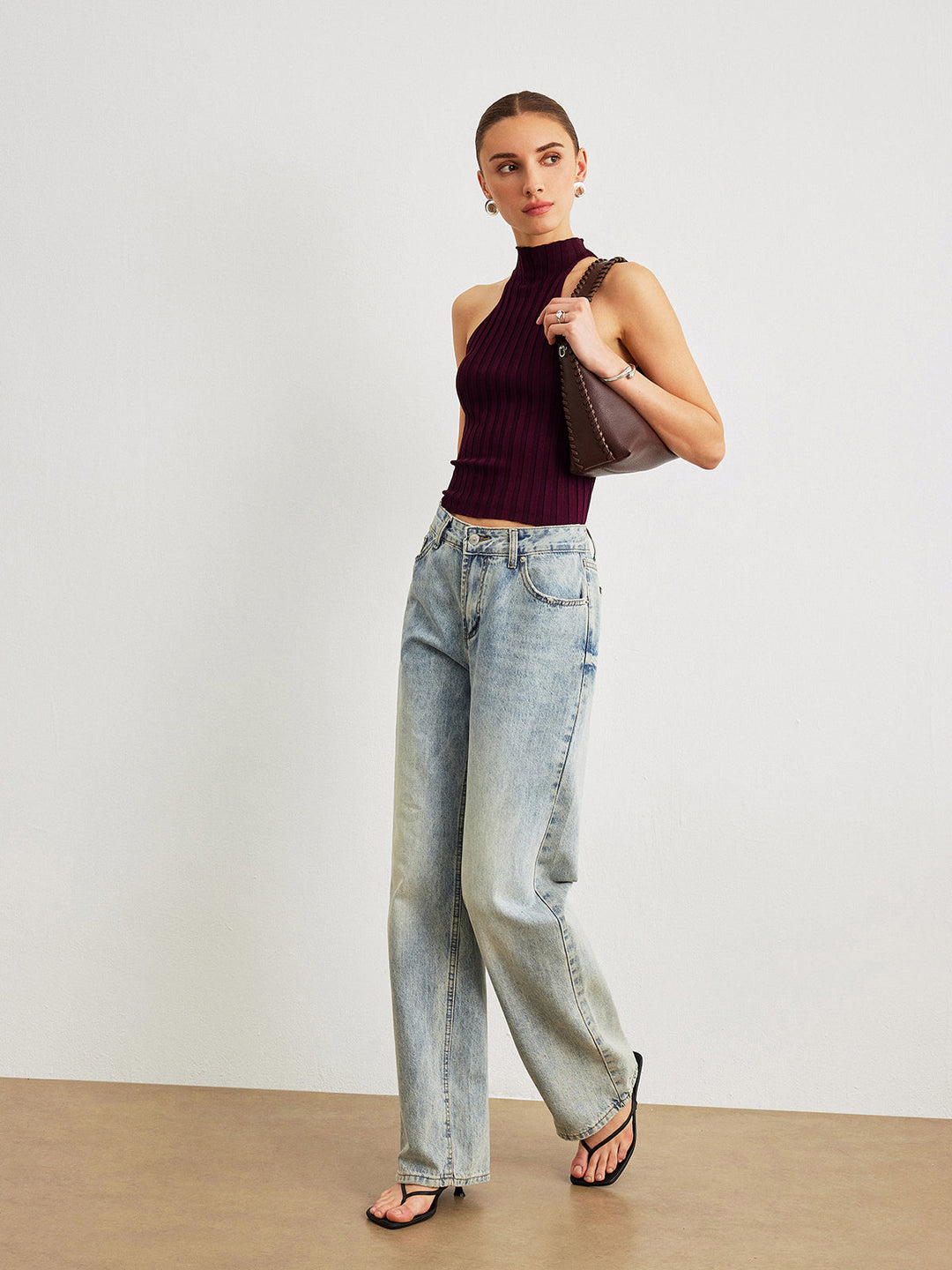 Şık Kırışık Yüksek Yaka Triko Üst