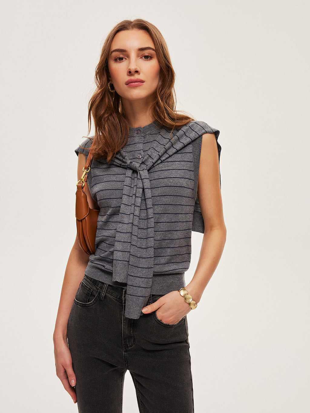 Striped Button Belted Knit Vest — Svelte Chic
