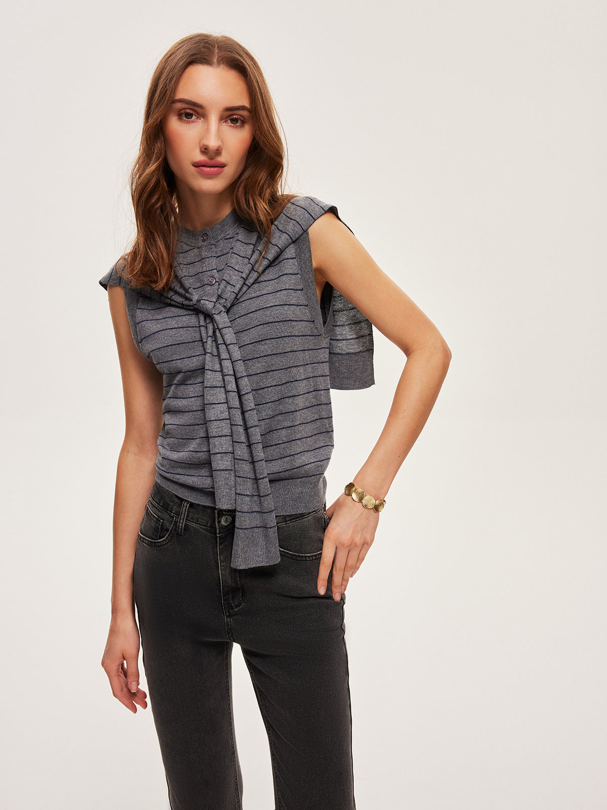 Striped Button Belted Knit Vest — Svelte Chic