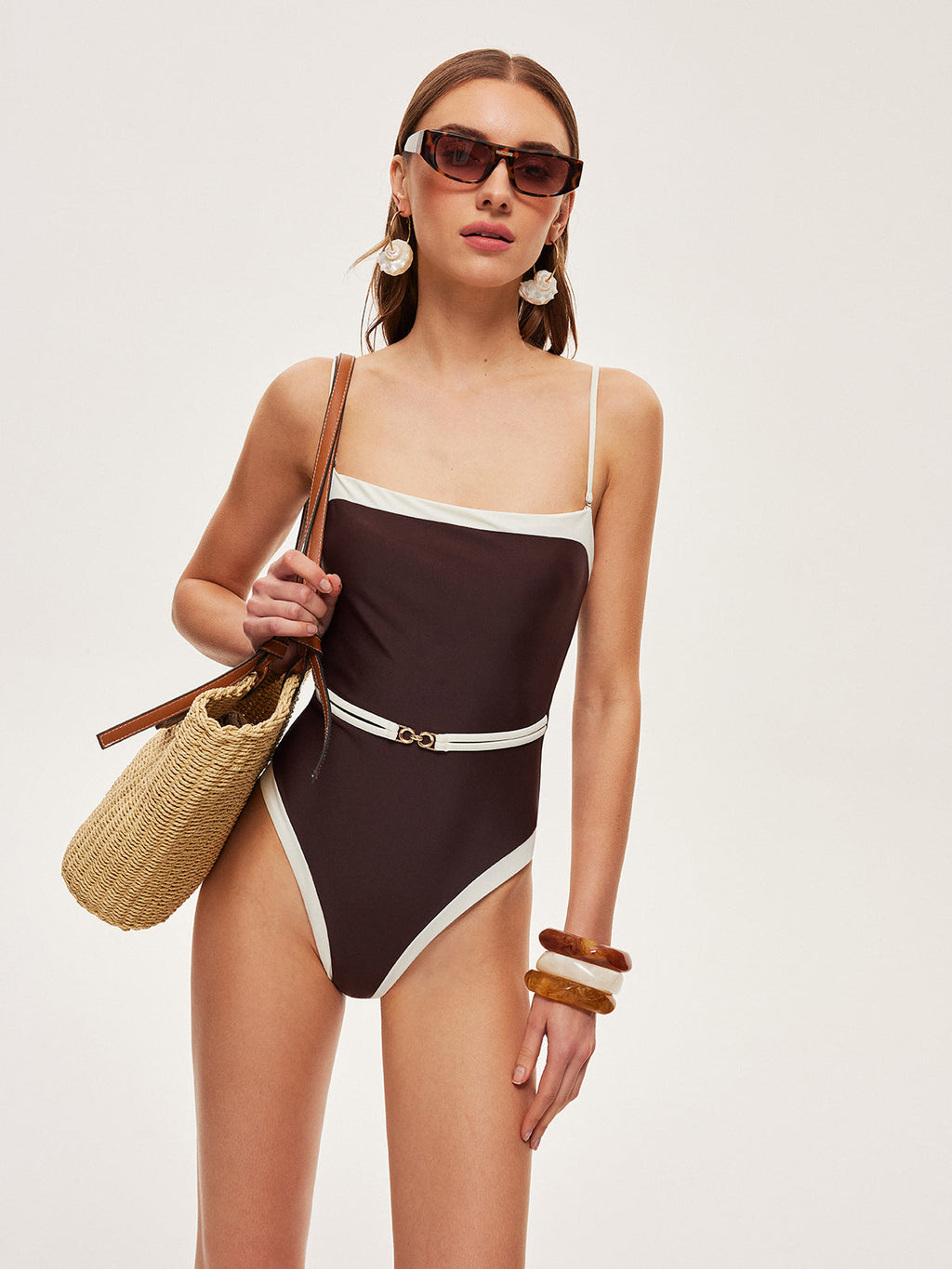 Contrast Trim Belted Swimsuit — Svelte Chic