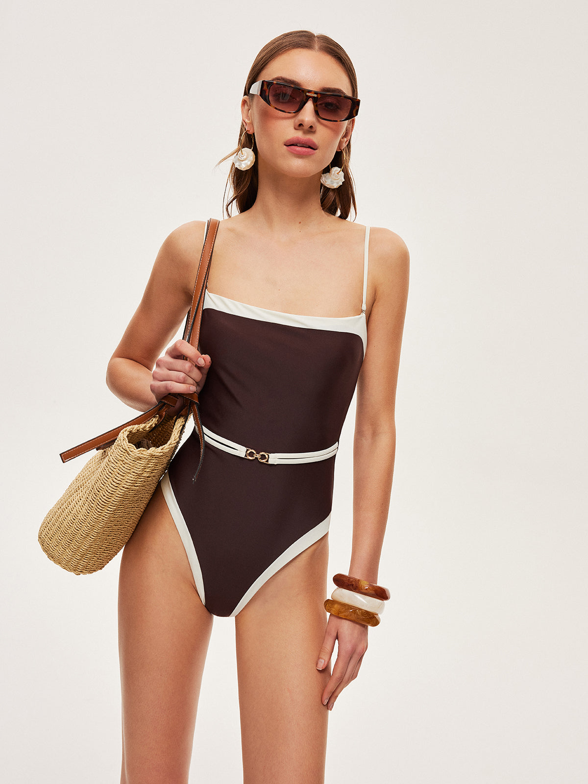 Contrast Trim Belted Swimsuit — Svelte Chic