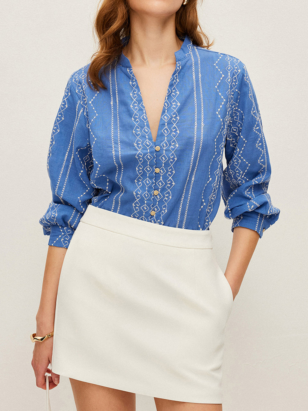 Embroidered V-Neck Button Shirt — Svelte Chic