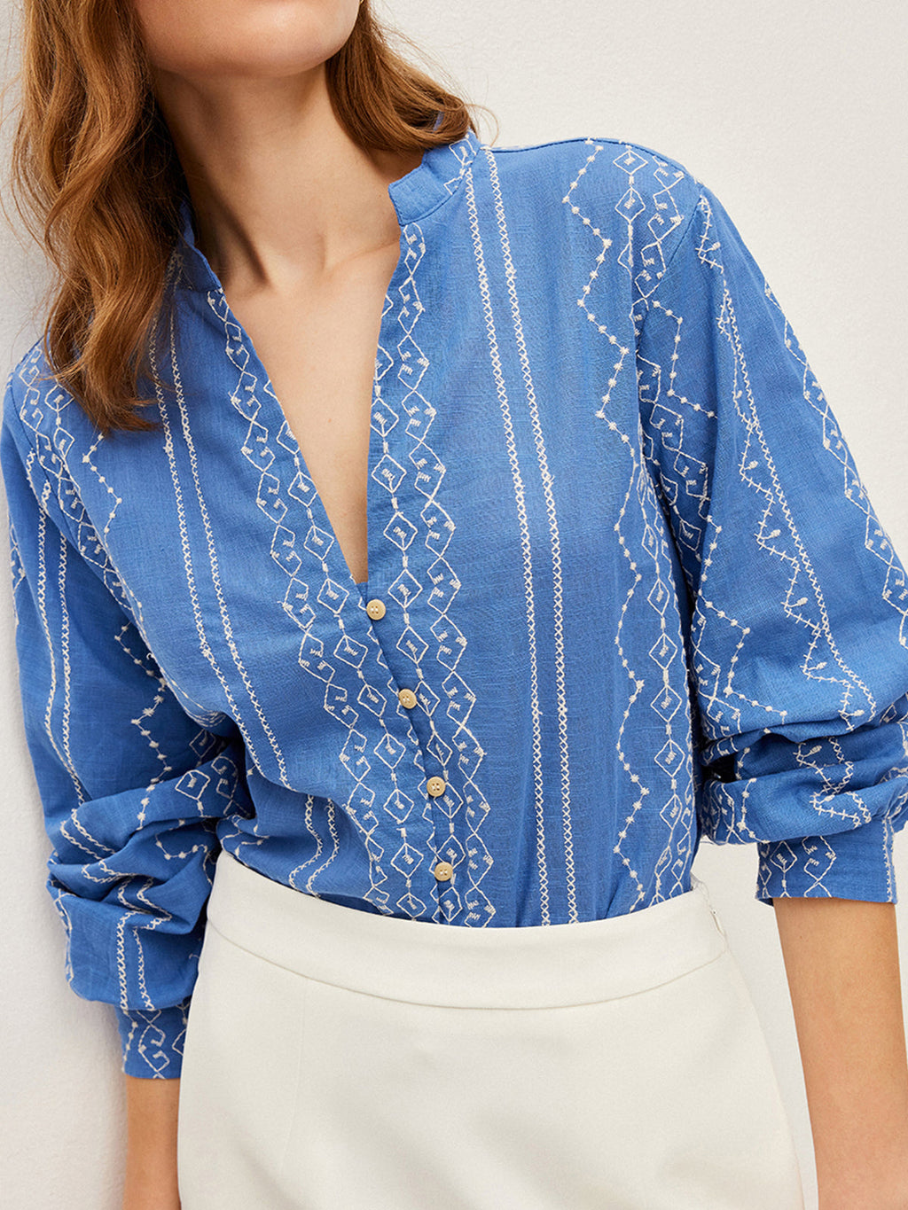 Embroidered V-Neck Button Shirt in Blue — Svelte Chic