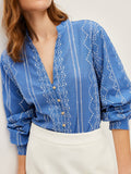 Embroidered V-Neck Button Shirt in Blue — Svelte Chic