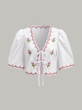 Embroidered Puff Sleeve Bow Blouse in White — Svelte Chic