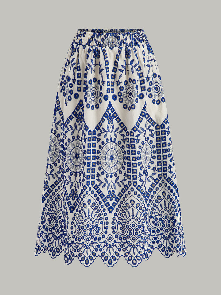 Şık Pamuklu Nakışlı Etek, Dalgalı Kenar ve Rahat Lastik Bel Bandı ile