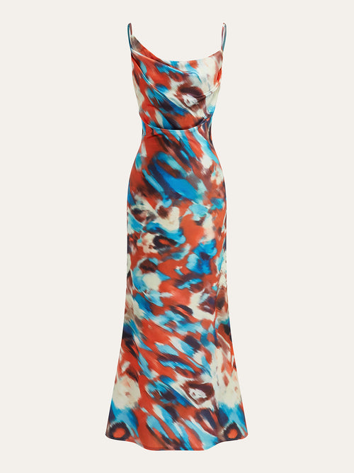 Asymmetric Backless Satin Maxi Dress in Multicolor — Svelte Chic