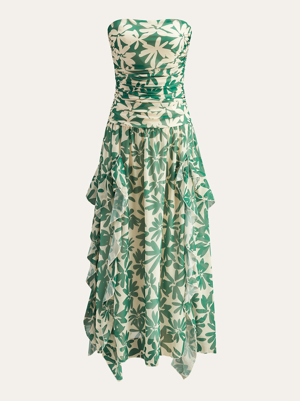 Strapless Floral Ruffle Maxi Dress in Green — Svelte Chic
