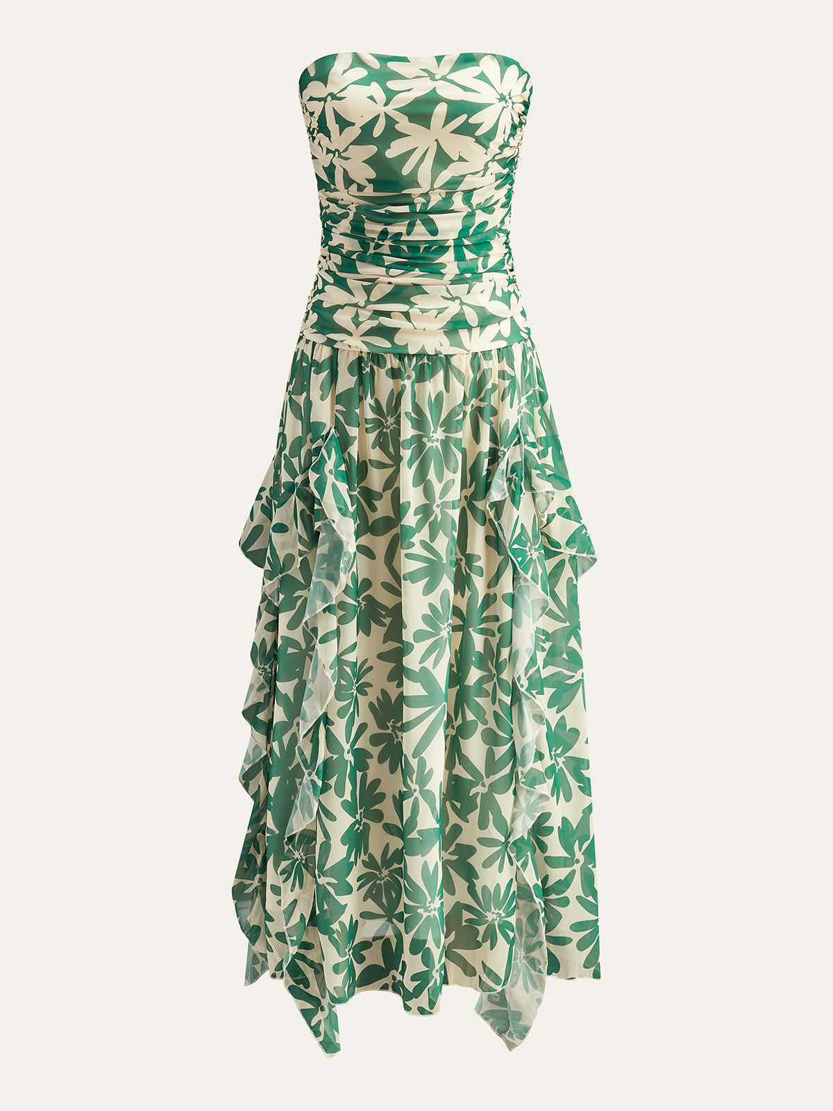 Strapless Floral Ruffle Maxi Dress in Green — Svelte Chic