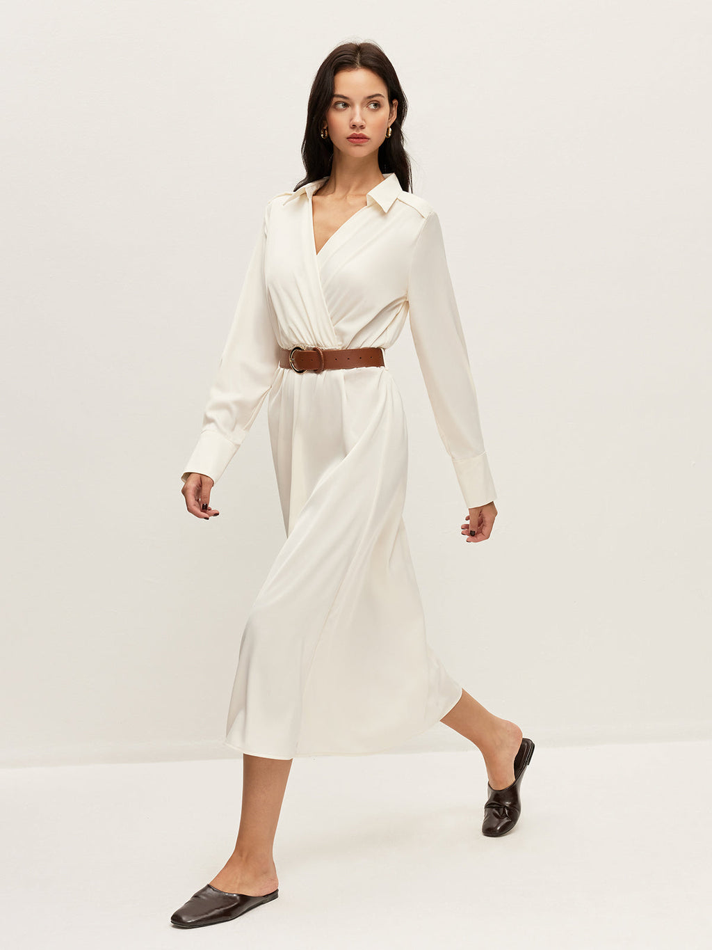 Belted Shirt Collar Maxi Dress in Off-White — Svelte Chic