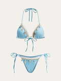 Shell Charm Contrast Trim Bikini Set in Light Blue — Svelte Chic