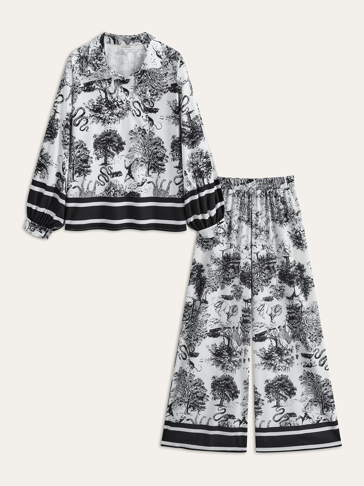Striped Trim Printed Satin Trouser Set in Black — Svelte Chic