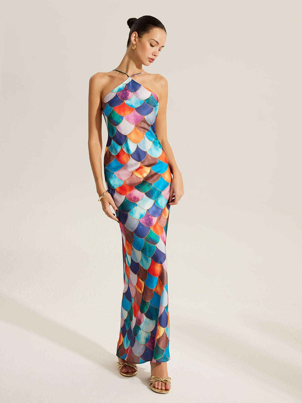 Butterfly Print Satin Halter Maxi Dress in Multicolor — Svelte Chic