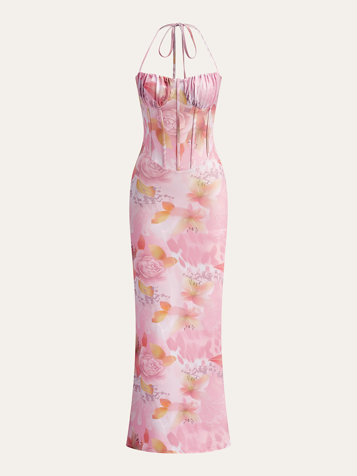 Floral Halter Corset Maxi Dress in Pink — Svelte Chic