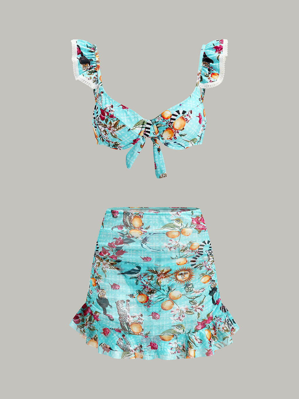 Floral Bikini Set with Cover Up Skirt in Light Blue — Svelte Chic