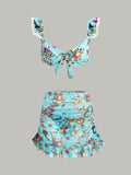 Floral Bikini Set with Cover Up Skirt in Light Blue — Svelte Chic