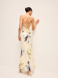 Sırtı Açık Düğmeli Çiçek Desenli Elbise